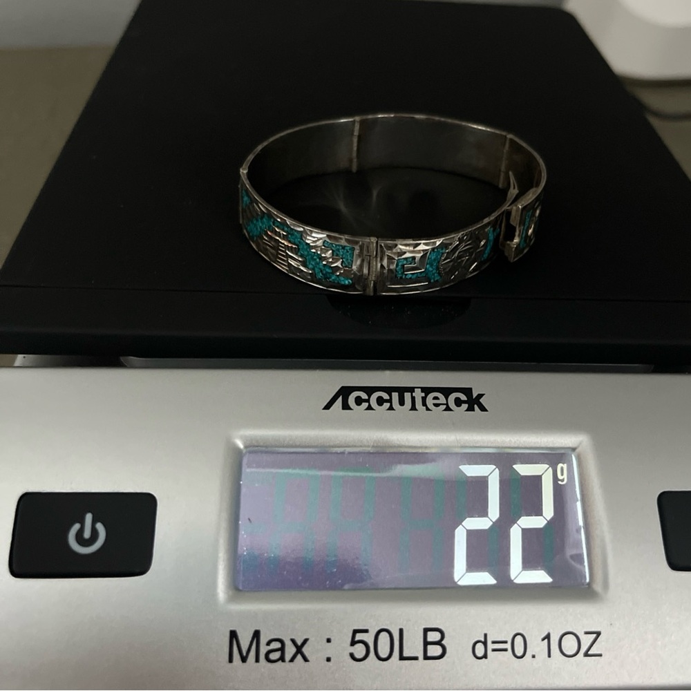 GM 10 MEXICO 925 STERLING SILVER TURQUOISE INLAY Hinge BRACELET 6.75” clasp 22g - Picture 16 of 16